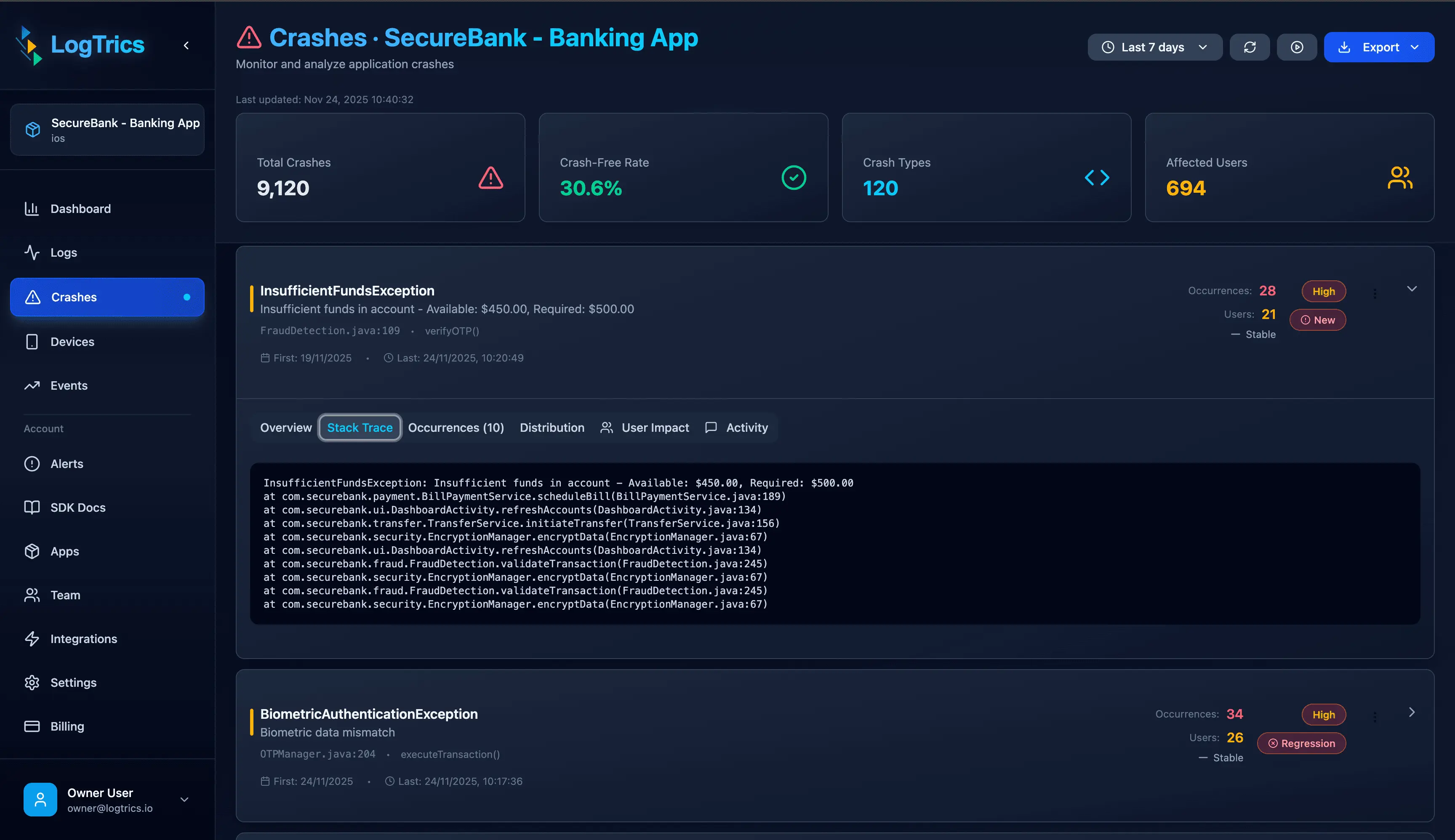 Logtrics Crash Reports
